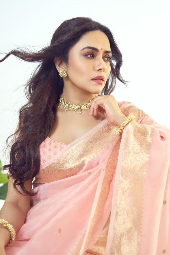 Pastel Peach Banarasi Handloom Kora Silk Saree | Aura Benaras