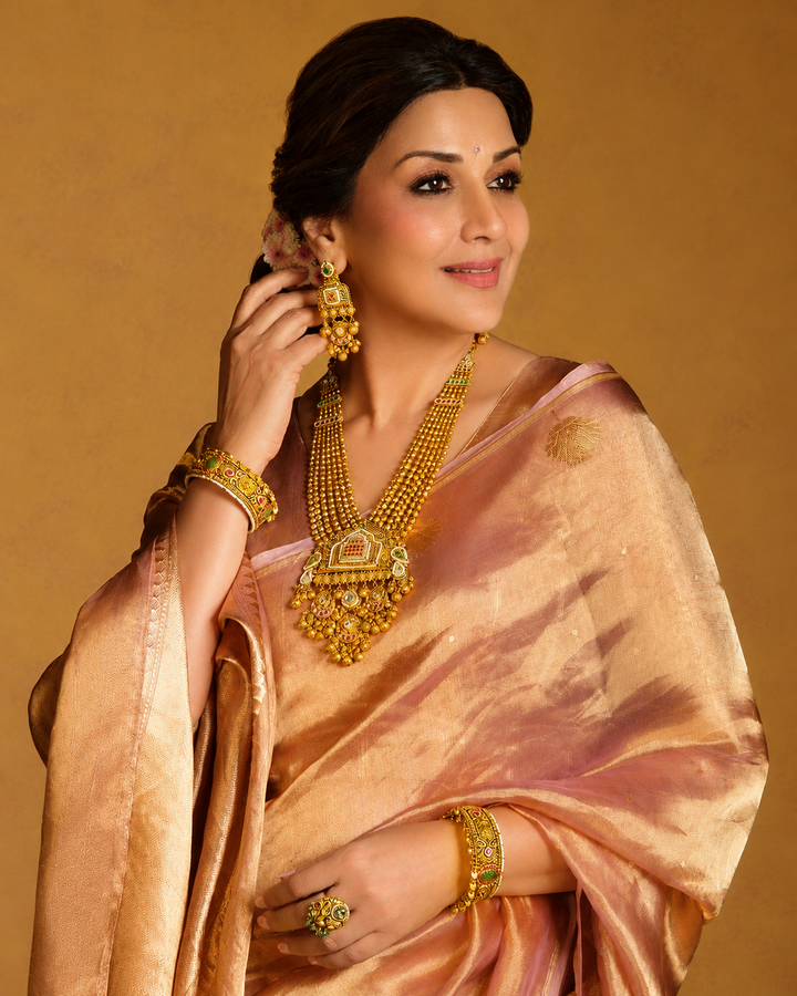 Sonali Bendre in a Pure Banarasi Tissue Silk Saree with Small Kadhwa Butis 