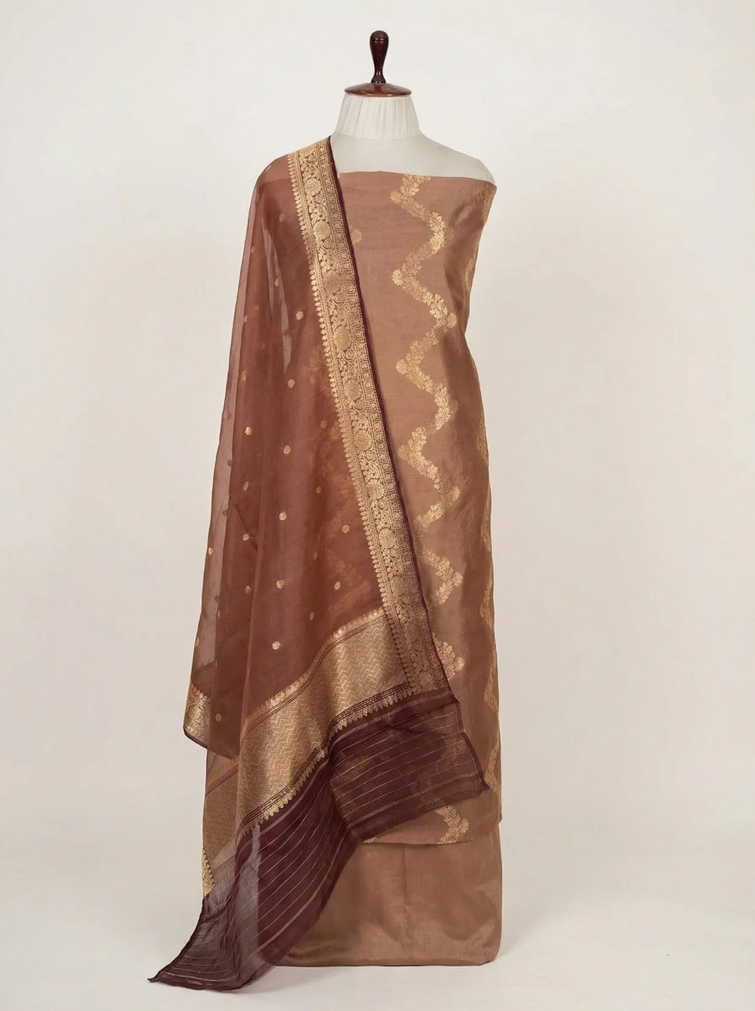 Almond Beige Pure Banarasi Silk Unstitched Suit Kadhwa Work