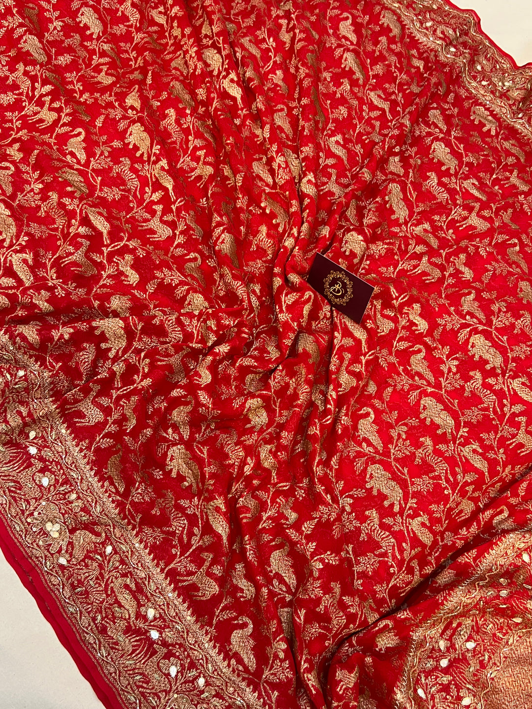 Red Zardozi Pure Banarasi Khaddi Georgette Silk Saree