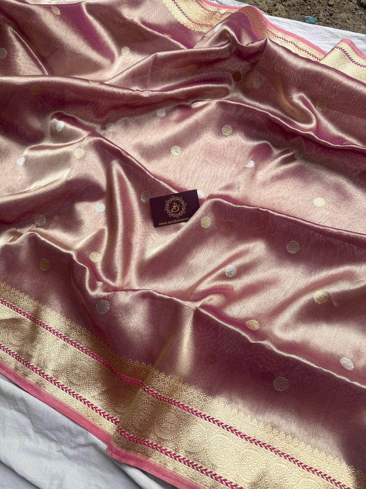 Rose Pink Banarasi Handloom Tissue Silk Saree - Aura Benaras