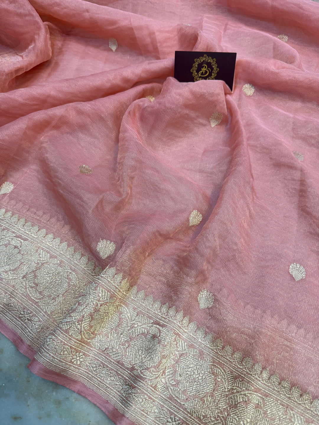 Peach Pure Banarasi Crush Tissue Silk Saree – Handwoven | Aura Benaras
