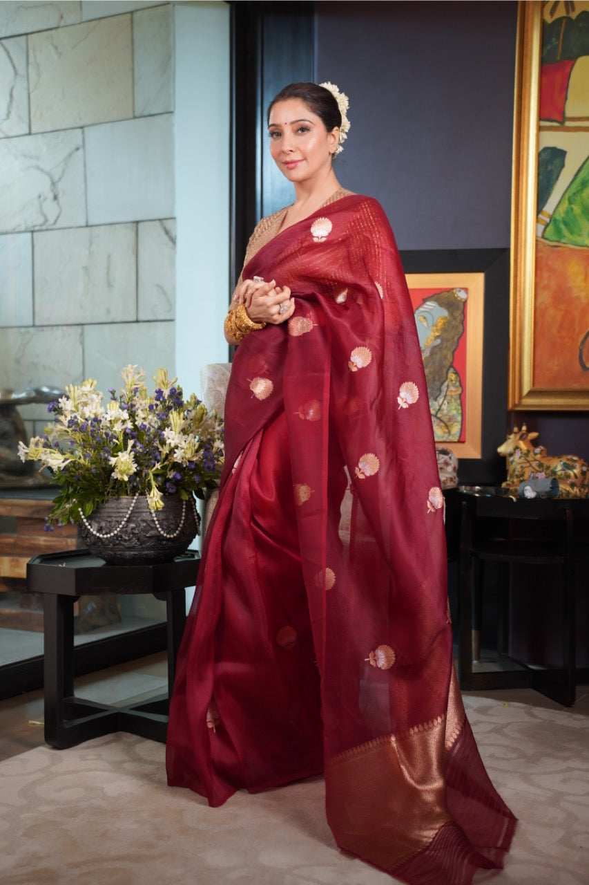 Maroon Kora Silk Banarasi Saree with Sona Rupa Butis