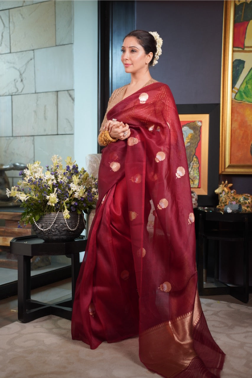 Maroon Kora Silk Banarasi Saree with Sona Rupa Butis