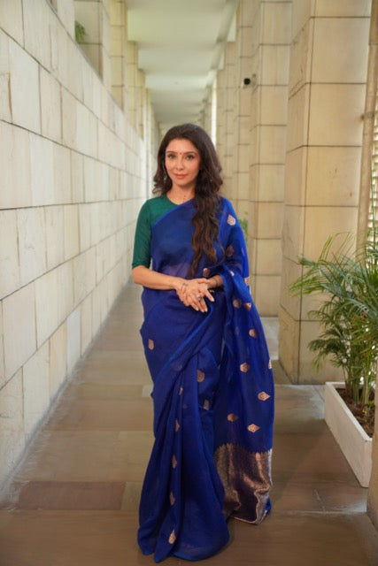 Royal Blue Pure Kora Silk Handloom Banarasi Saree