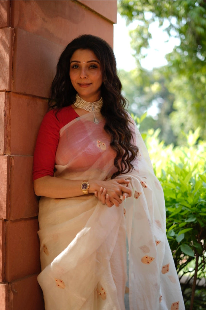 White Kora Silk Banarasi Saree with Sona Rupa Butis