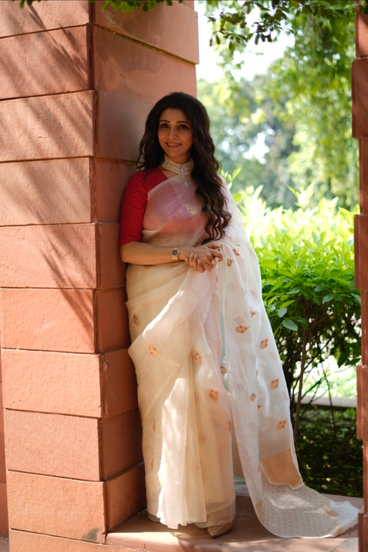 White Kora Silk Banarasi Saree with Sona Rupa Butis
