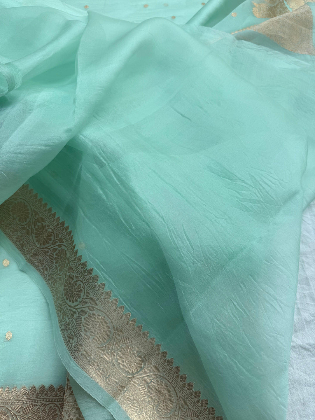 Pastel Mint Banarasi Handloom Kora Silk Saree | Aura Benaras