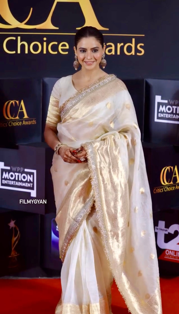 Cream Pure Kora Silk Handloom Banarasi Saree with kadhwa motifs