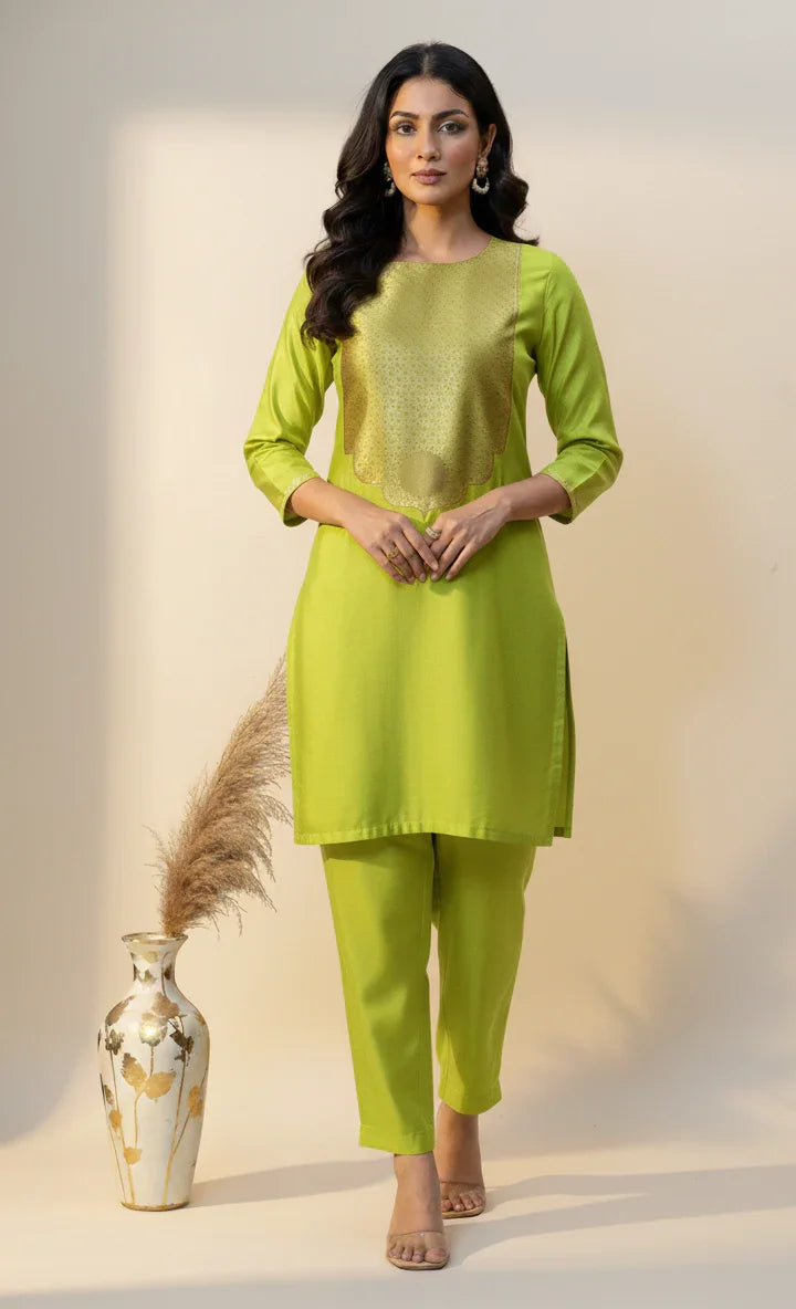 Parrot Green Pure Silk Banarasi Co-ord Set | Zari Neck & Border