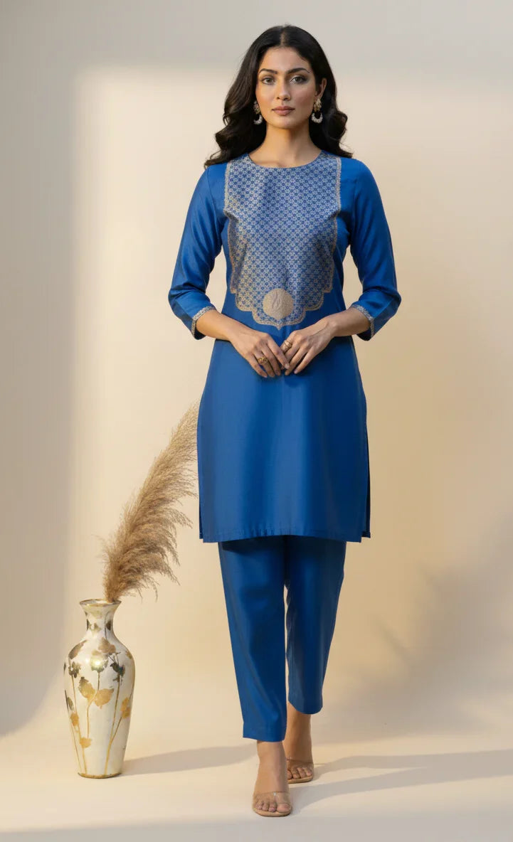 Cobalt Blue Pure Silk Banarasi Co-ord Set | Zari Neck & Border