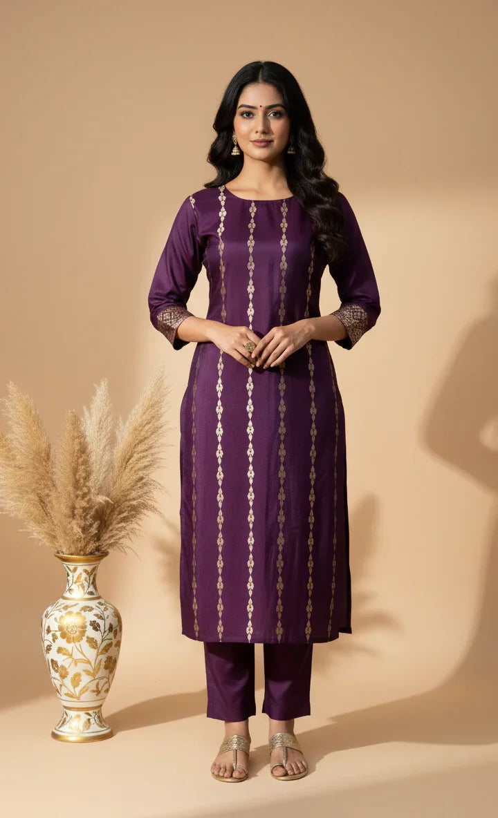 Wine Pure Silk Banarasi Co-ord Set | Zari Neck & Border