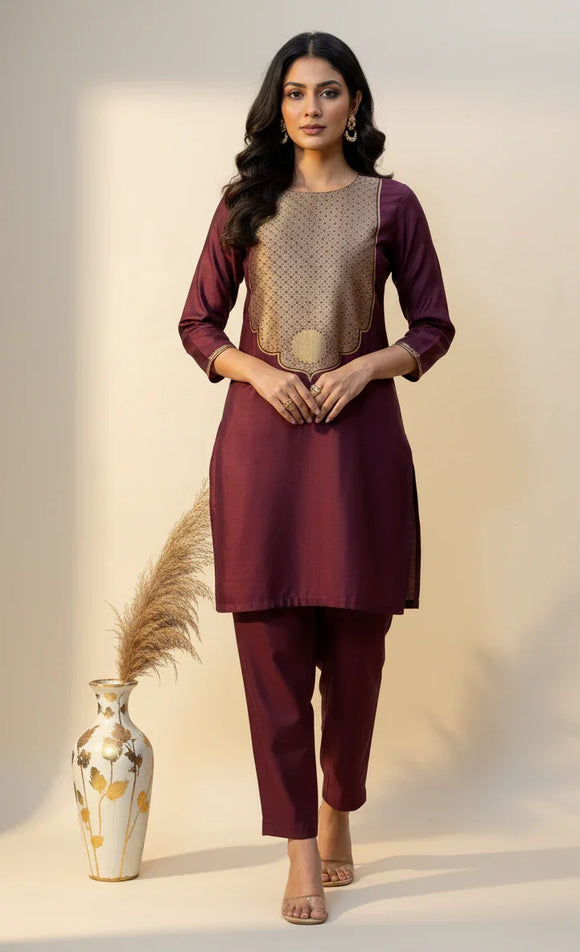 Deep Maroon Pure Silk Banarasi Co-ord Set | Zari Neck & Border