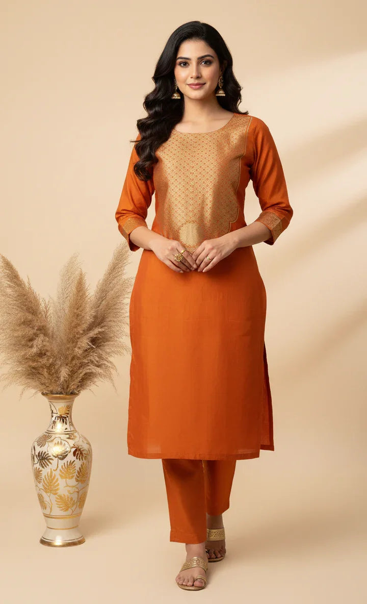 Rust Orange Pure Silk Banarasi Co-ord Set | Zari Neck & Border