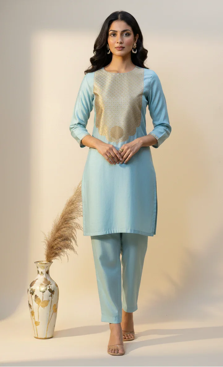 Pastel Blue Pure Silk Banarasi Co-ord Set | Zari Neck & Border