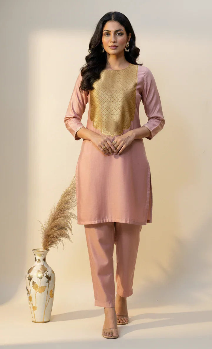 Old Rose Pure Silk Banarasi Co-ord Set | Zari Neck & Border