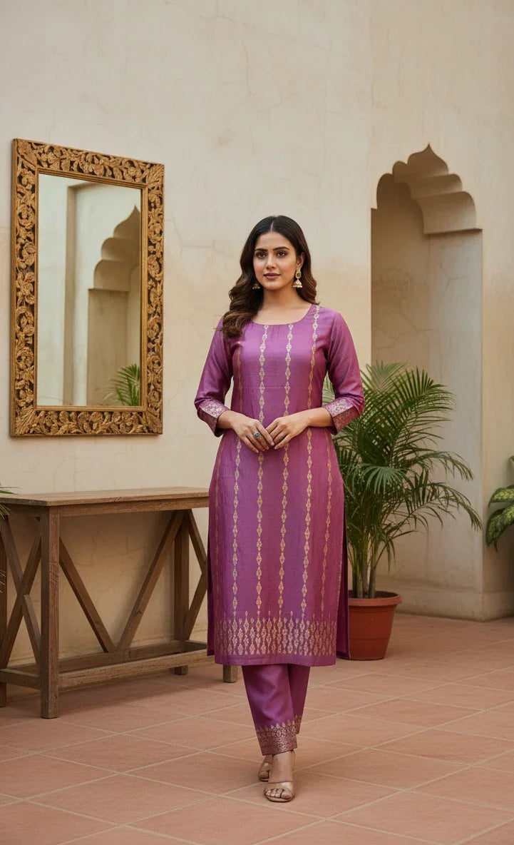 Onion Pink Pure Silk Banarasi Co-ord Set | Zari Neck & Border