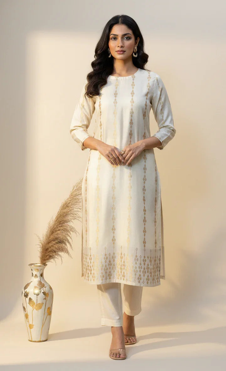Off White Pure Silk Banarasi Co-ord Set | Zari Neck & Border