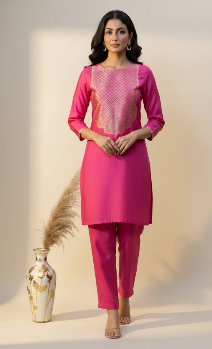 Fuchsia Pink Pure Silk Banarasi Co-ord Set | Zari Neck & Border