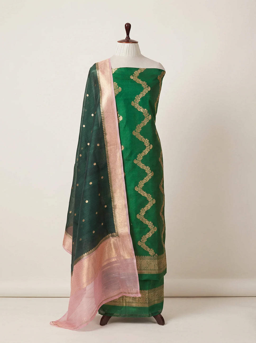 Green Pure Banarasi Silk Unstitched Suit with Kadhwa Work
