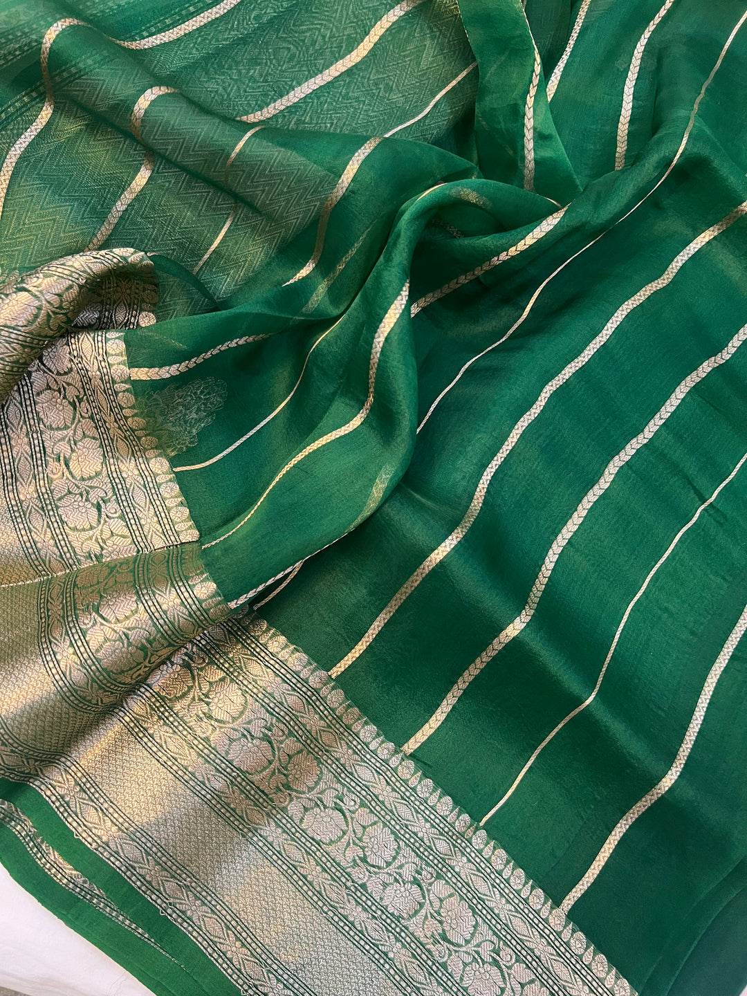 Dark Green Banarasi Handloom Kora Silk Saree