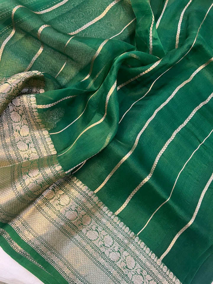 Dark Green Banarasi Handloom Kora Silk Saree