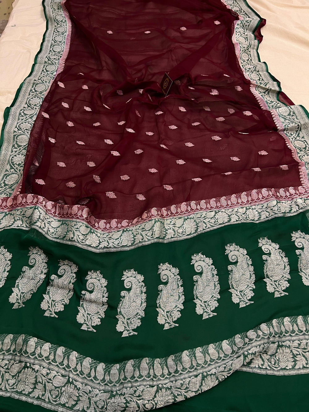 Garnet Khaddi Chiffon Banarasi Handloom Saree - Aura Benaras