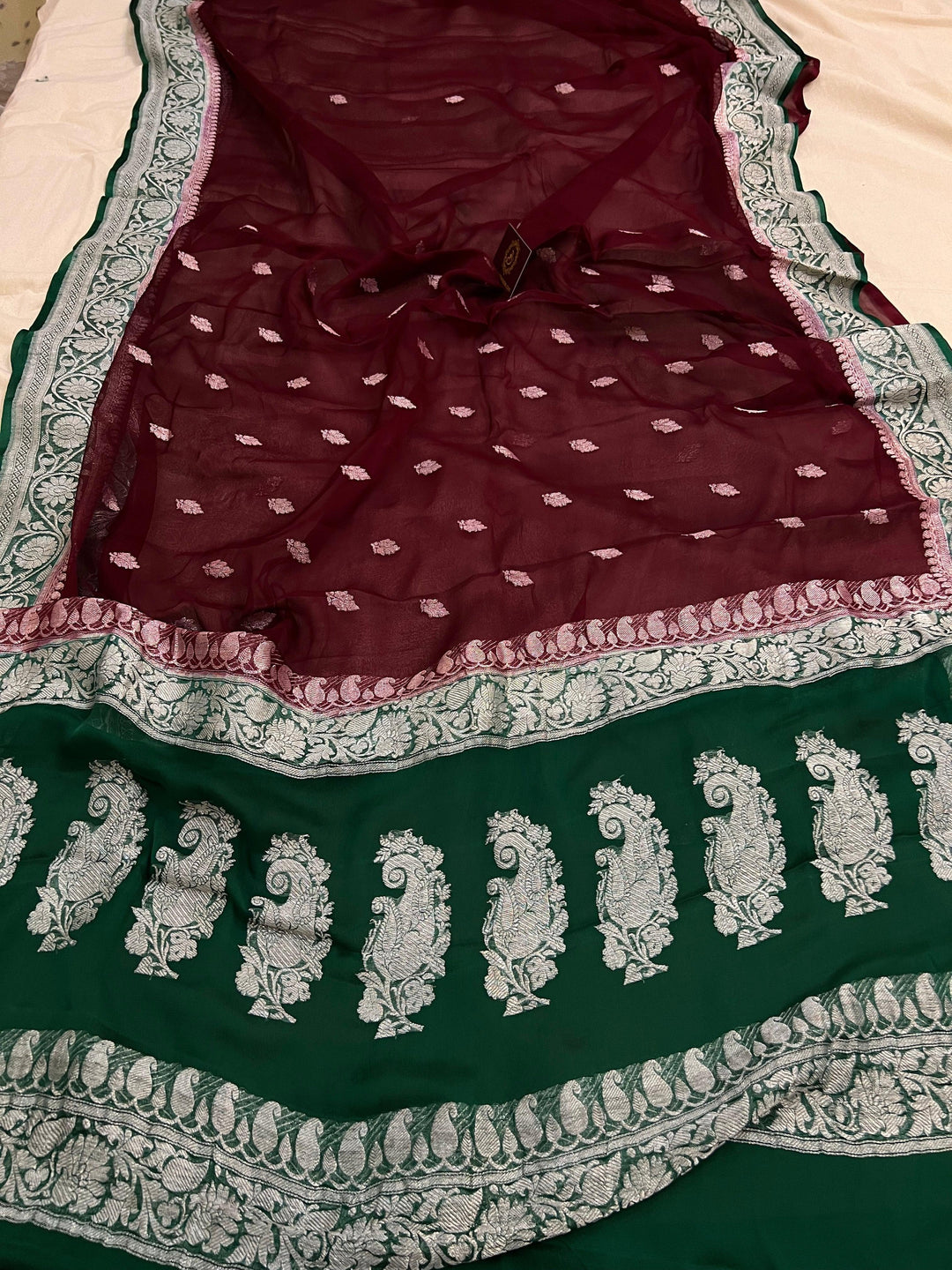 Garnet Khaddi Chiffon Banarasi Handloom Saree - Aura Benaras