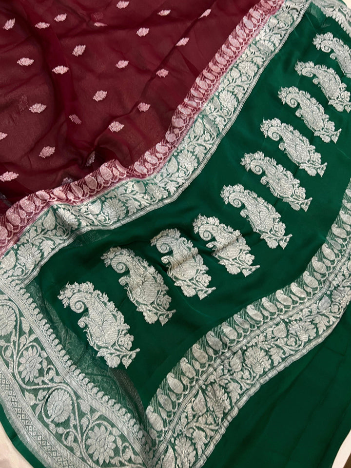 Garnet Khaddi Chiffon Banarasi Handloom Saree - Aura Benaras