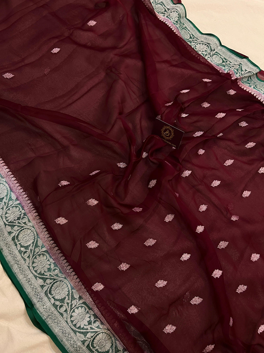 Garnet Khaddi Chiffon Banarasi Handloom Saree - Aura Benaras