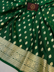 Bottel Green Banarasi Handloom Satin SIlk Saree - Aura Benaras