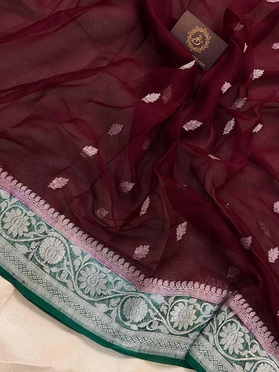 Garnet Khaddi Chiffon Banarasi Handloom Saree - Aura Benaras