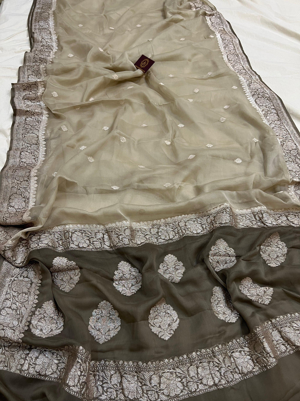 Light Grey Khaddi Chiffon Banarasi Handloom Saree - Aura Benaras