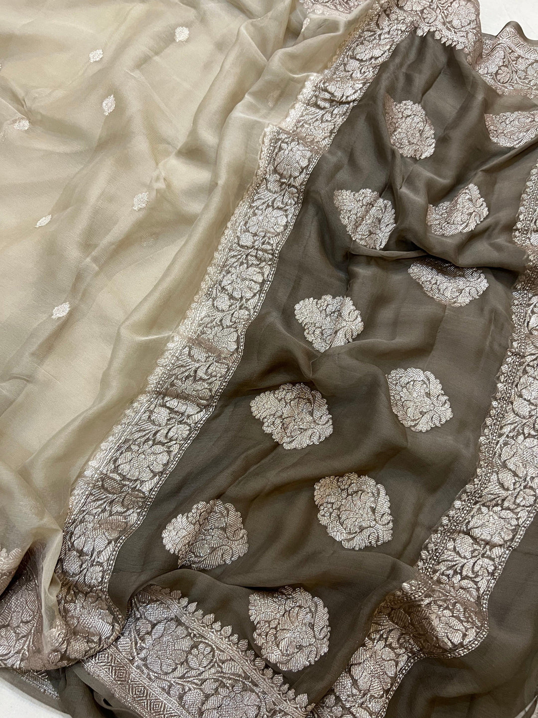 Light Grey Khaddi Chiffon Banarasi Handloom Saree - Aura Benaras