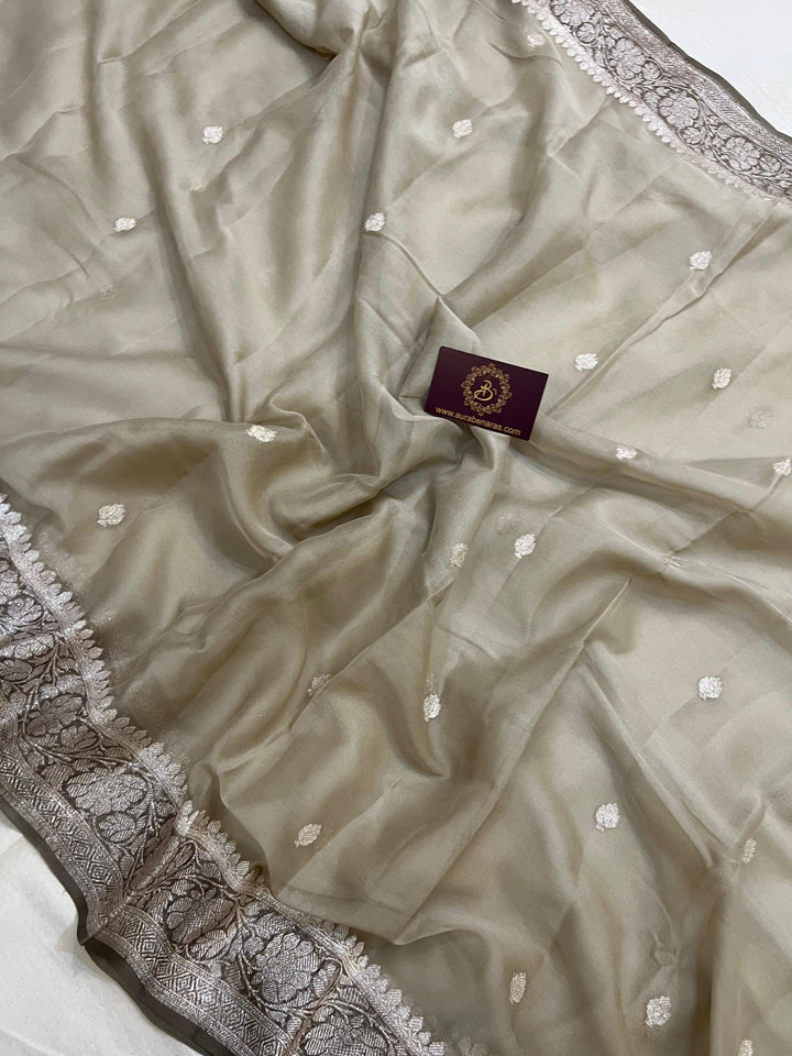 Light Grey Khaddi Chiffon Banarasi Handloom Saree - Aura Benaras
