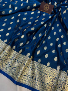 Blue Banarasi Handloom Satin SIlk Saree - Aura Benaras