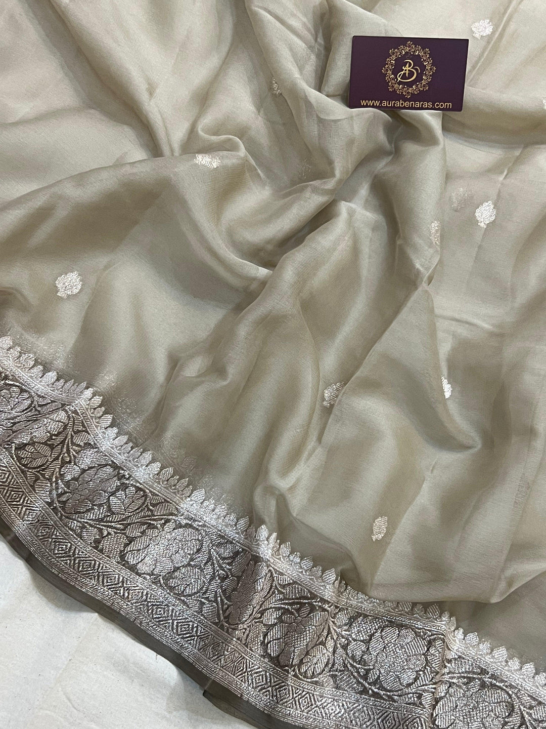 Light Grey Khaddi Chiffon Banarasi Handloom Saree - Aura Benaras