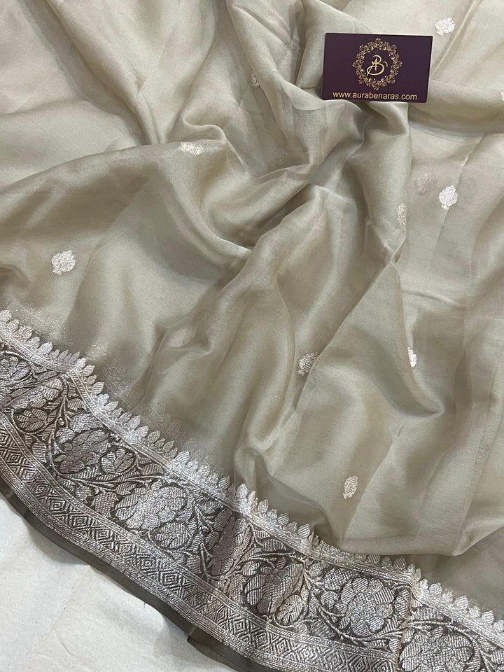 Light Grey Khaddi Chiffon Banarasi Handloom Saree - Aura Benaras