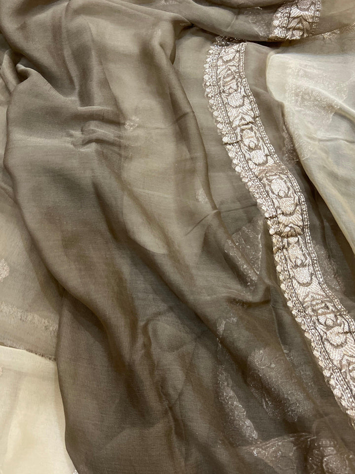 Light Grey Khaddi Chiffon Banarasi Handloom Saree - Aura Benaras
