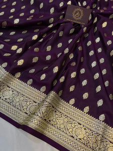 Wine Banarasi Handloom Satin SIlk Saree - Aura Benaras