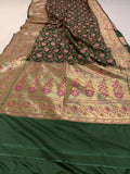 Bottle Green Banarasi Handloom Soft Silk Saree - Aura Benaras