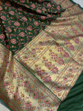 Bottle Green Banarasi Handloom Soft Silk Saree - Aura Benaras