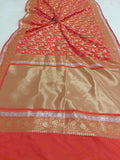 Orangish Pink Banarasi Handloom Soft Silk Saree - Aura Benaras