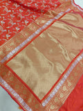 Orangish Pink Banarasi Handloom Soft Silk Saree - Aura Benaras