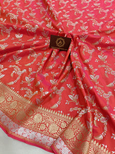 Orangish Pink Banarasi Handloom Soft Silk Saree - Aura Benaras