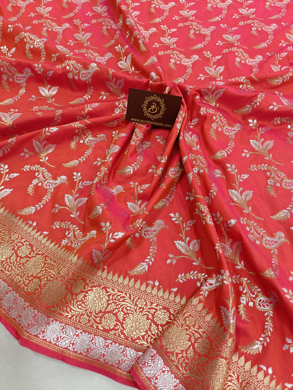 Orangish Pink Banarasi Handloom Soft Silk Saree - Aura Benaras