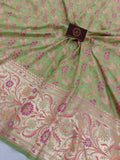 Pista Green Banarasi Handloom Soft Silk Saree - Aura Benaras