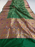 Bottle Green Banarasi Handloom Soft Silk Saree - Aura Benaras