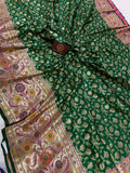 Bottle Green Banarasi Handloom Soft Silk Saree - Aura Benaras