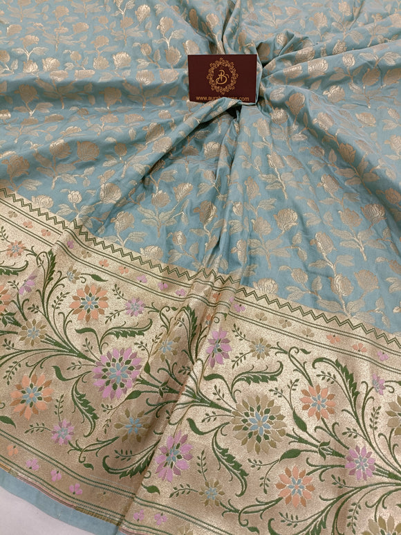 Sage Blue Banarasi Handloom Soft Silk Saree - Aura Benaras